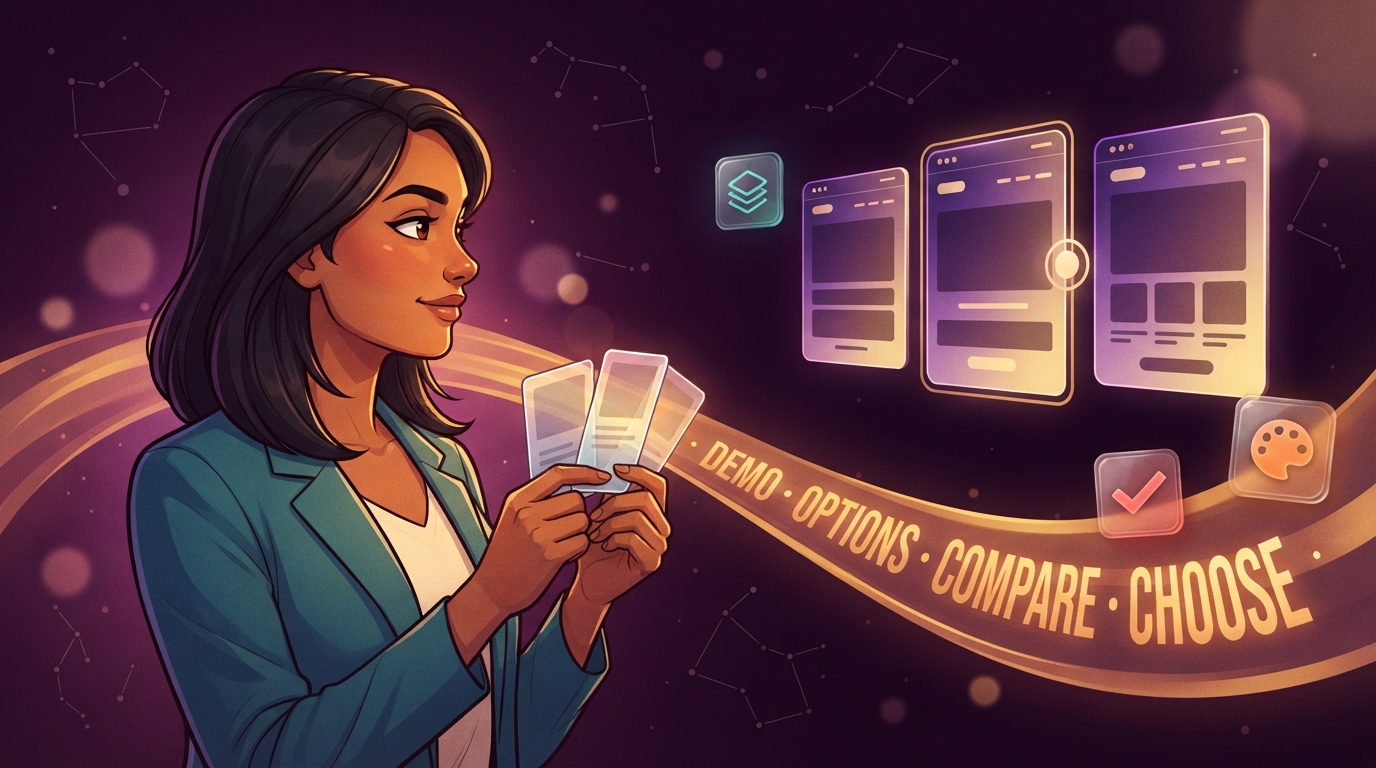 Illustration of a builder holding design option cards, with three website mockups floating beside a gold stream labeled demo, options, compare, choose