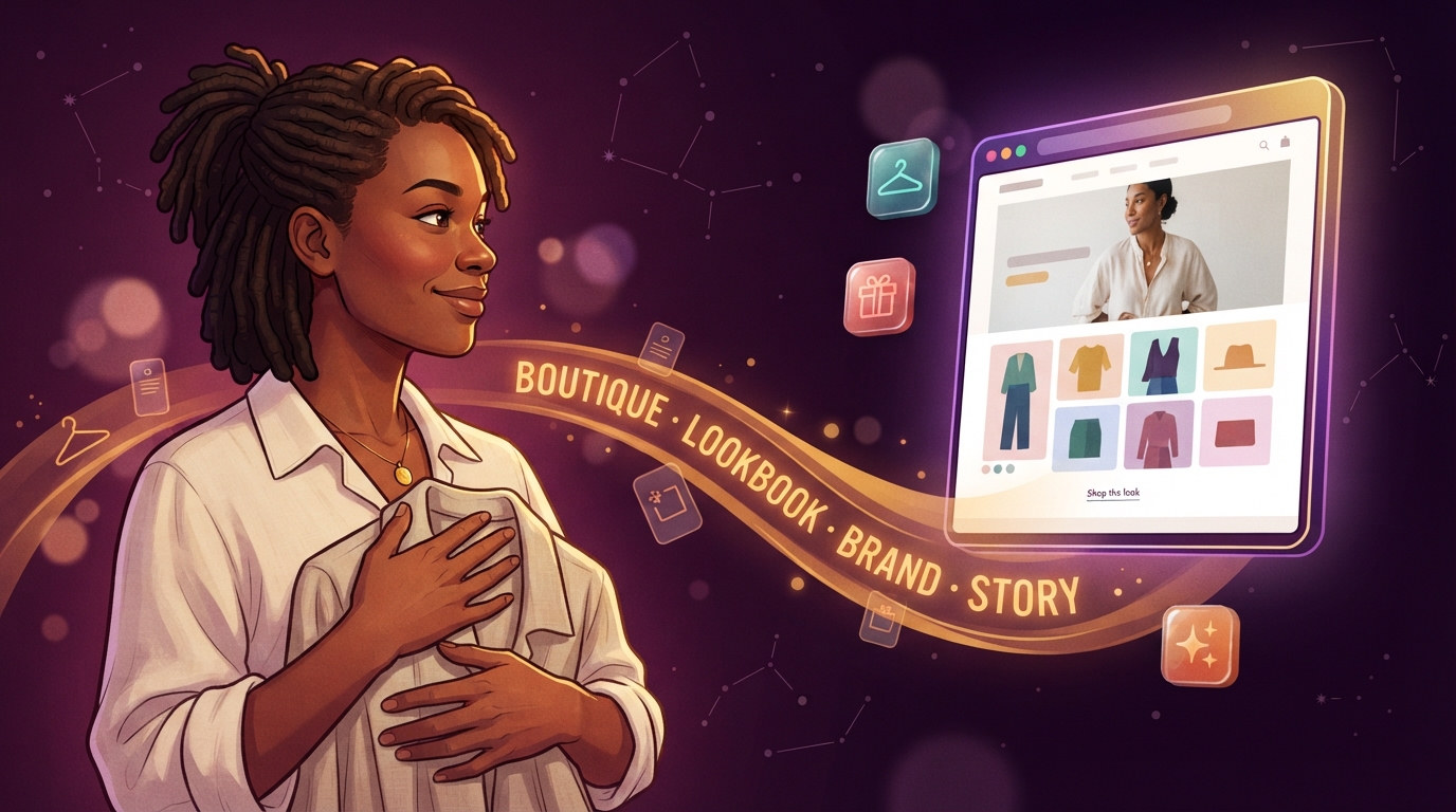 Illustrated boutique owner with a folded garment, golden energy stream leading to a glowing boutique website browser