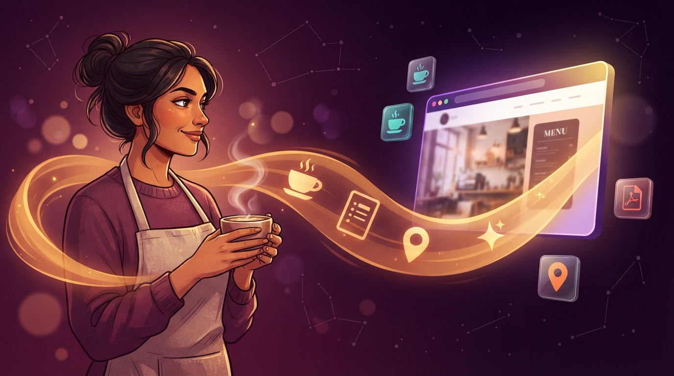 Illustrated cafe owner with a steaming cup, golden energy stream leading to a glowing cafe website