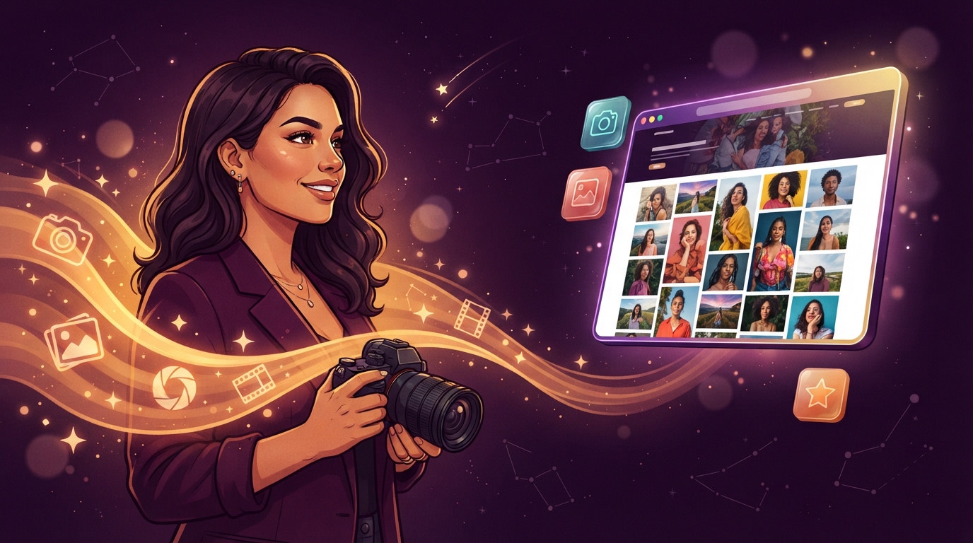 Illustrated photographer with a camera and a golden energy stream leading to a glowing portfolio website