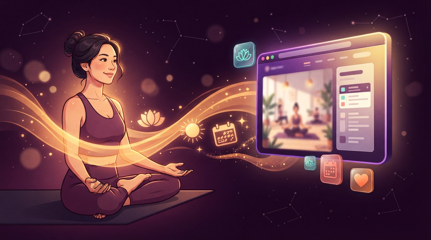 Illustrated yoga teacher in meditation pose with a golden energy stream leading to a glowing studio website