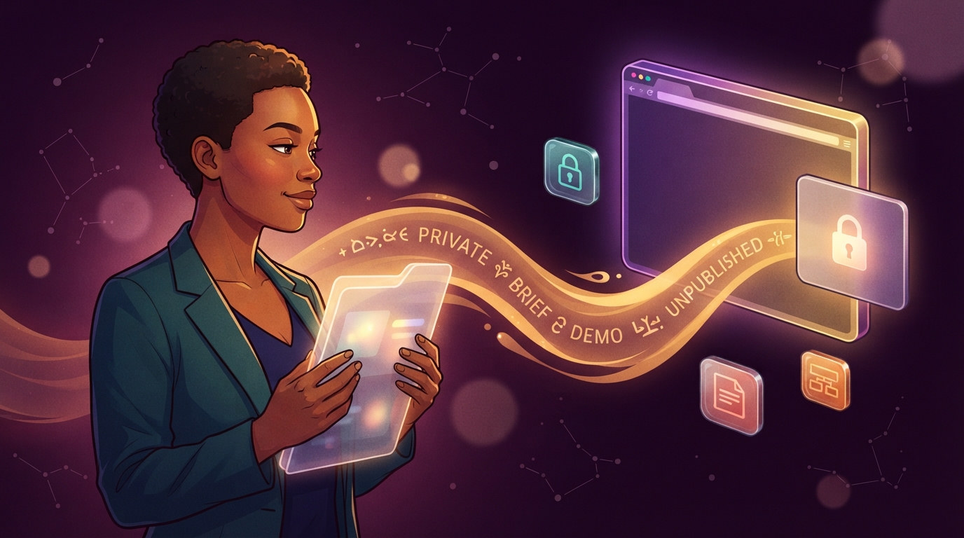 Illustration of a builder holding a private workspace panel, with a public browser and lock icons floating in a gold energy stream