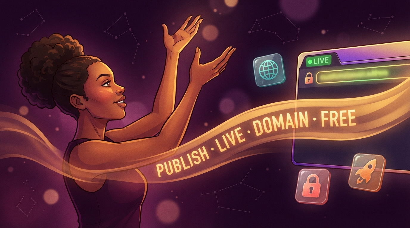 A woman releasing a glowing site into the world, with PUBLISH · LIVE · DOMAIN · FREE in a golden stream