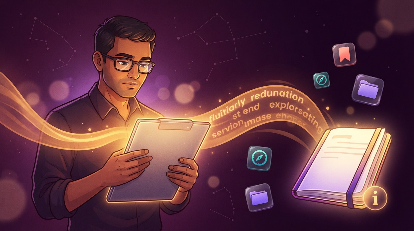 Illustration of a man holding a glowing document panel, with a gold energy stream carrying abstract words toward a radiant open notebook