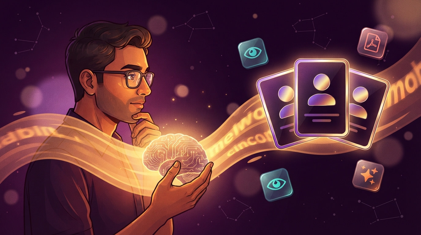 Illustrated figure holding a glowing model orb, with three model cards and a gold energy stream