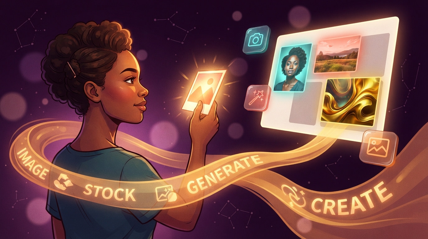 Illustration of a person working with images — stock photos, personal uploads, and AI-generated visuals